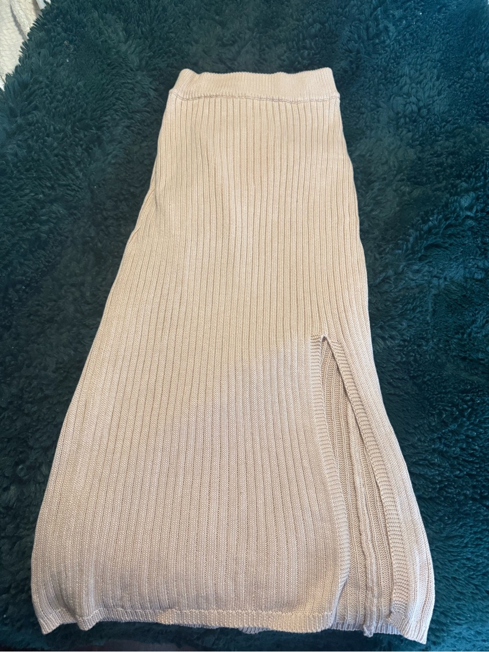 Pink Lily Cream Ribbed Midi Skirt with Side Slit
